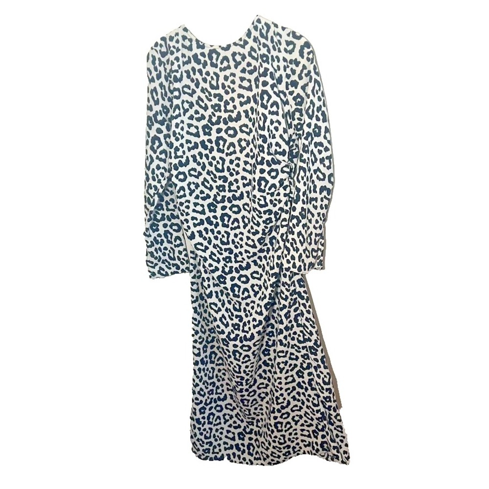 H&M Leopard Dress M Beige Black Long Sleeve Ruched Bodycon Midi Animal Print